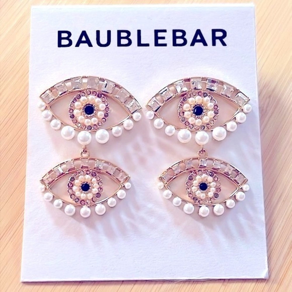 Brand New BaubleBar Evil Eye Beaded Pearl Rhinestone Gold Tone Drop Earrings